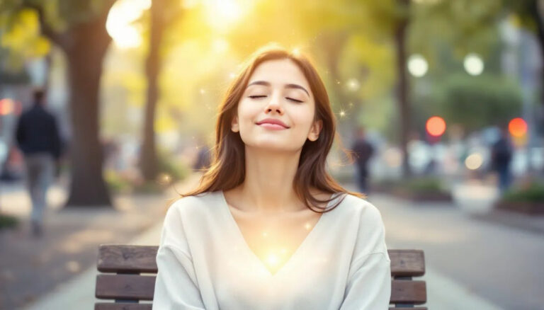 Person practicing mindfulness and meditation in everyday life on a park bench.