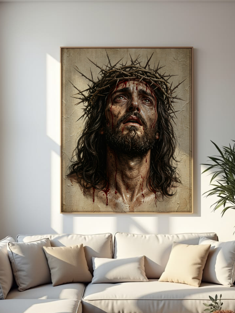 Jesus Christ with Crown of Thorns – Realistic Oil Painting Style – Printable Digital Wall Art